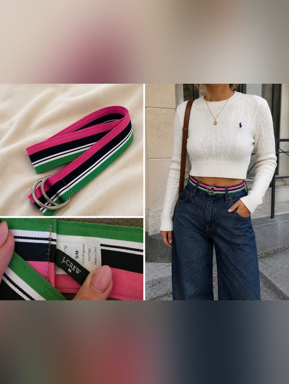 J. Crew Pink, Green and Black Striped Belt with Double Ring Buckle